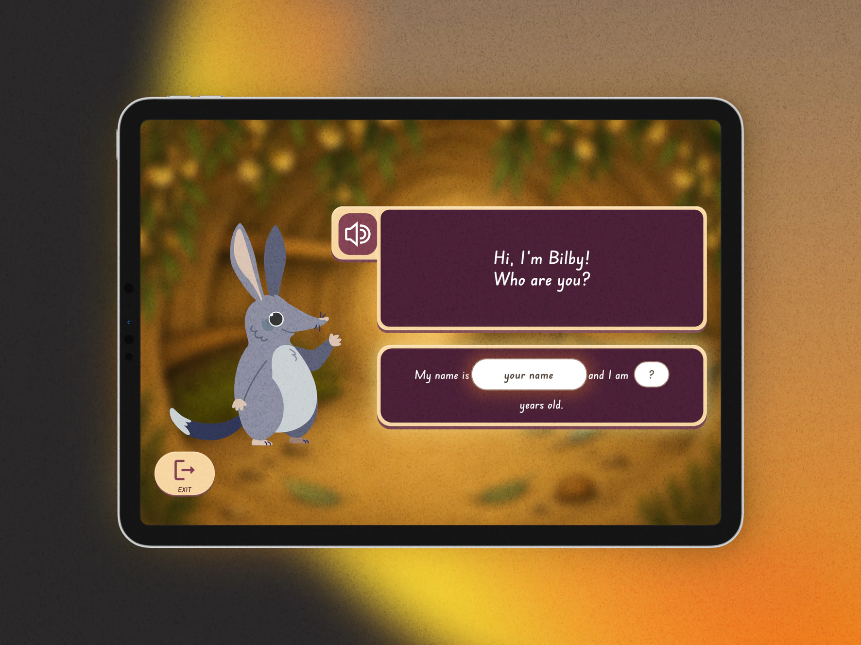 A tablet showing Bilby inviting children to introduce themselves.