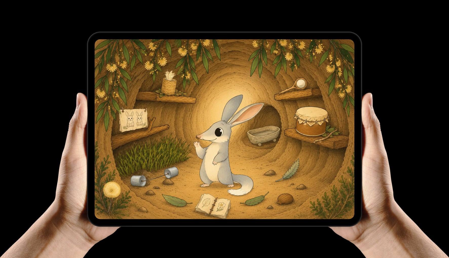 Hands holding a tablet with Bilby inside the SoundSmiles app.