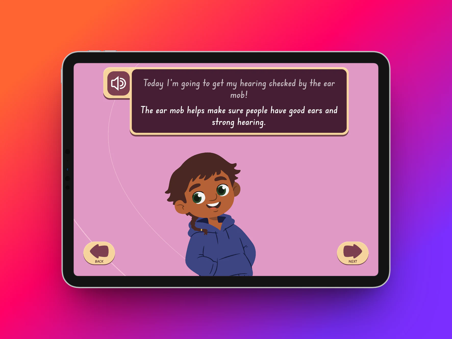 SoundSmiles tablet activity explaining hearing checks and strong hearing.