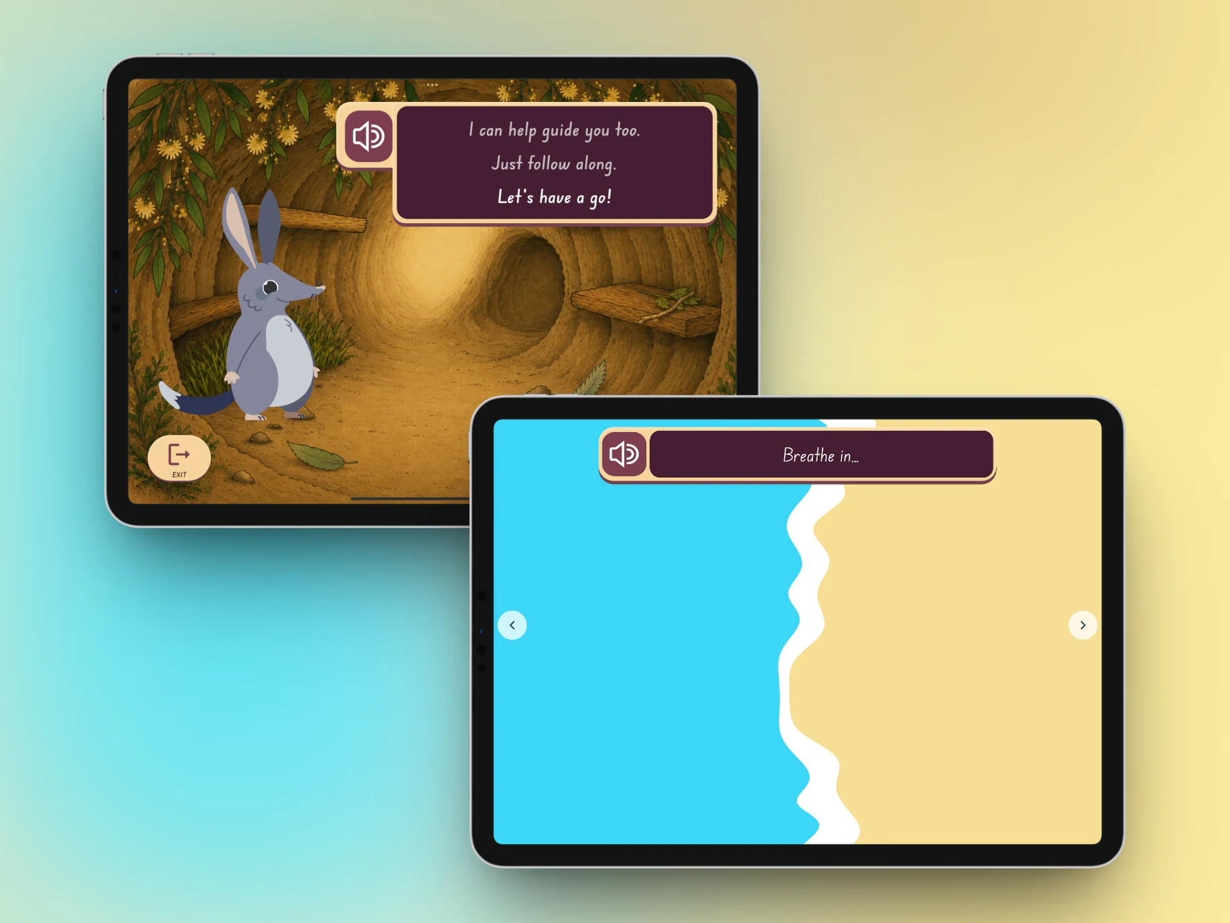 SoundSmiles tablet previews showing Bilby and a guided breathing activity.
