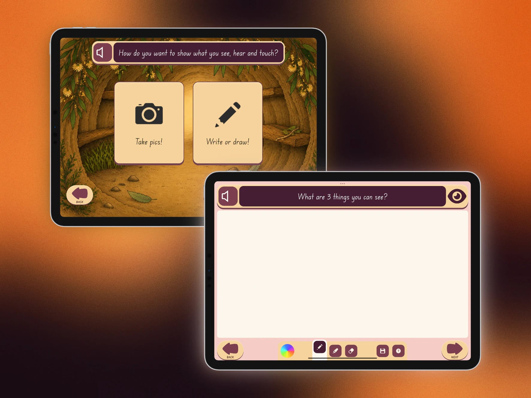 SoundSmiles tablet previews showing photo and drawing activities.