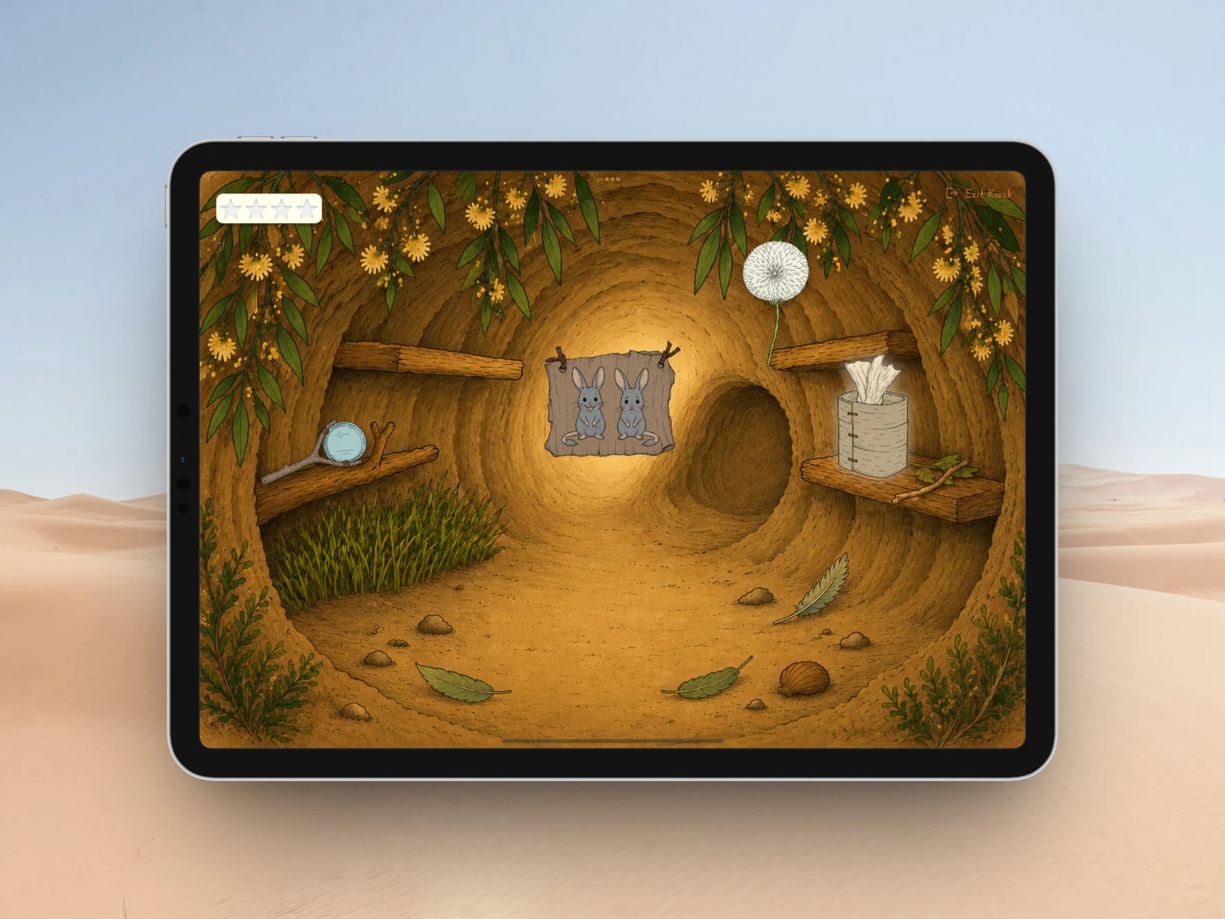 A tablet showing Bilby's treehouse and the SoundSmiles activities.