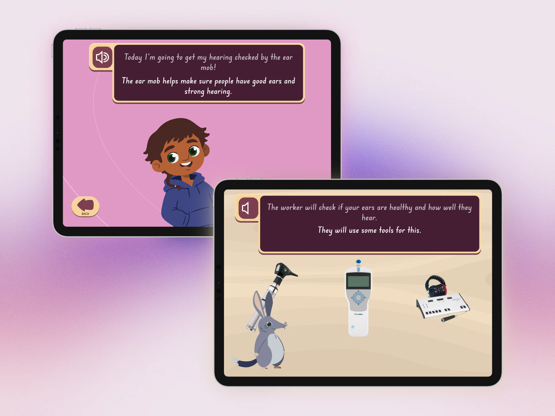 SoundSmiles tablet previews explaining hearing checks and ear health equipment.