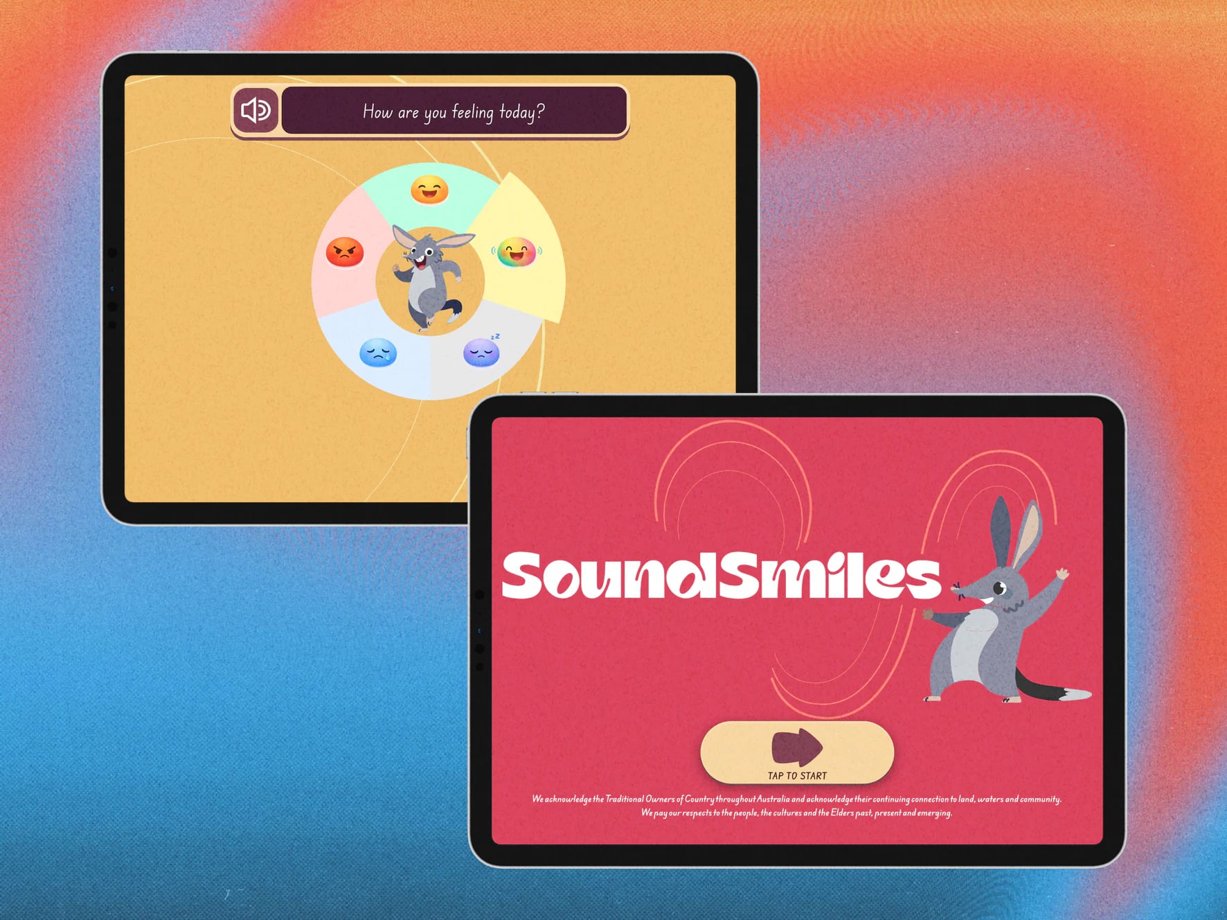 SoundSmiles tablet previews showing a feelings activity and the welcome screen.
