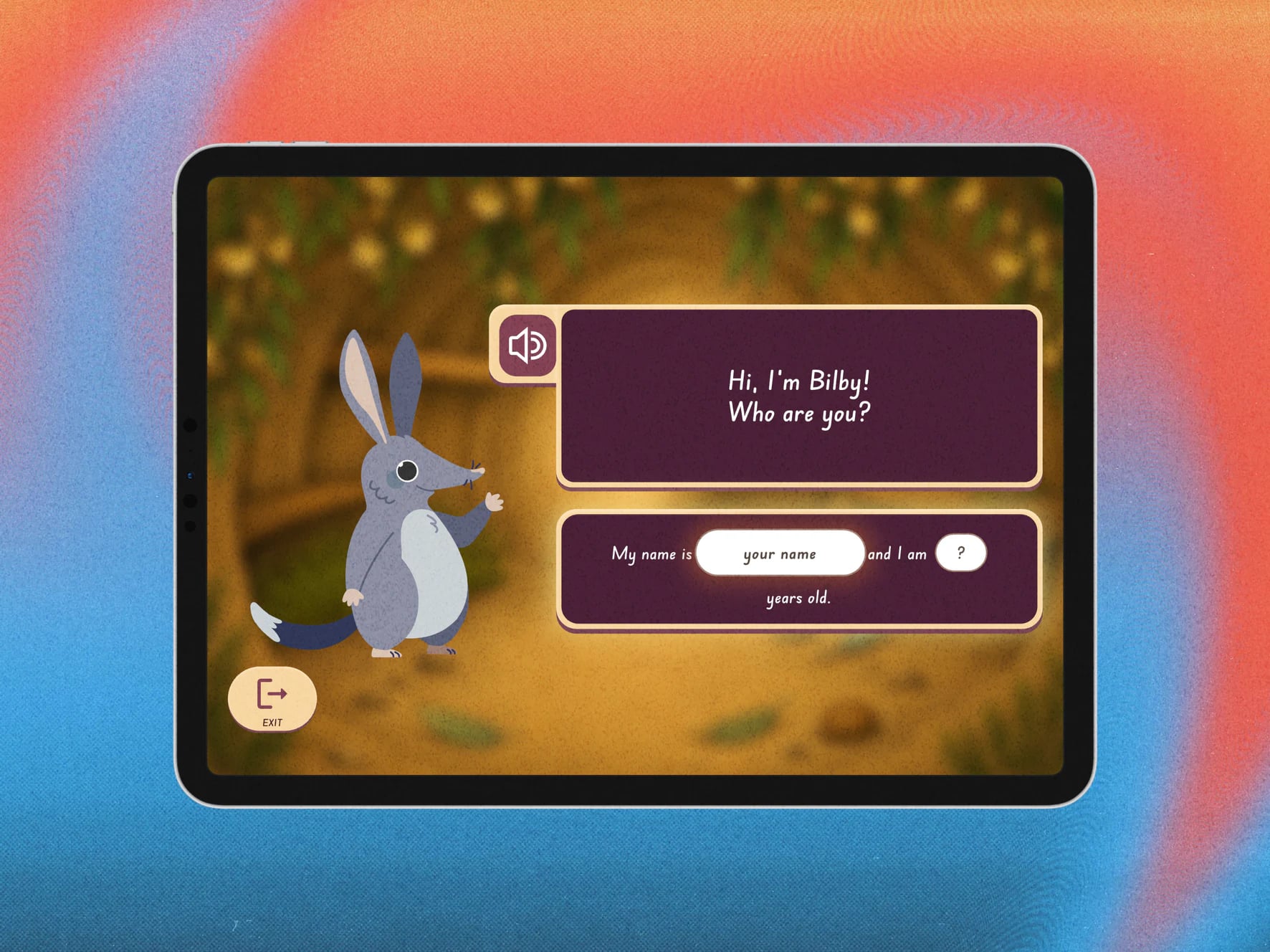 A tablet showing Bilby inviting children to introduce themselves.